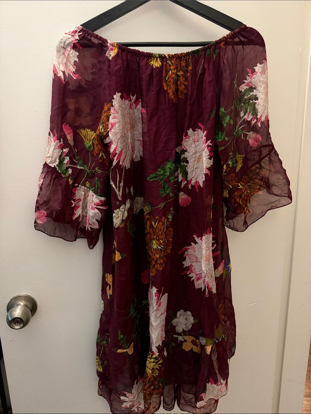 Silk Blend Elena Baldai Burgundy Floral tiered dress off the shoulder option